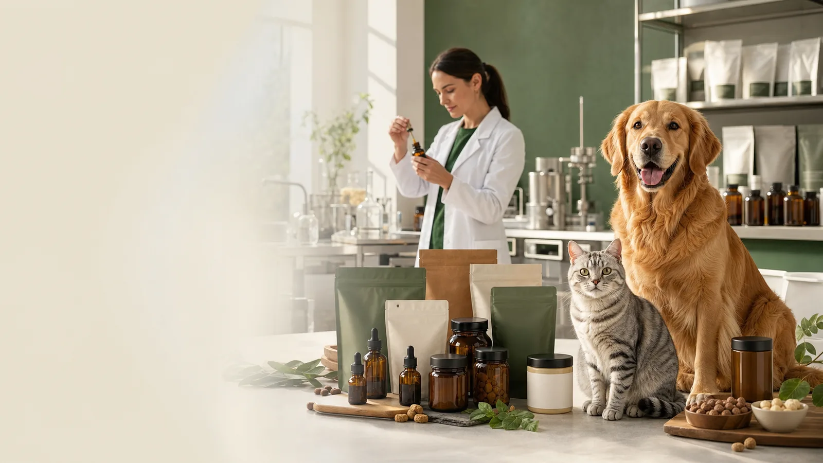 Dog, cat and custom pet supplement packaging in a U.S.-focused formulation studio